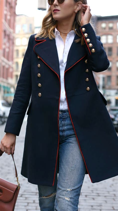 navy jacket with gold buttons.